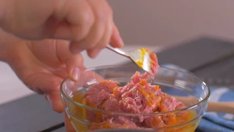 Stir the minced meat minced meat with a fork Stock Footage 112174733
