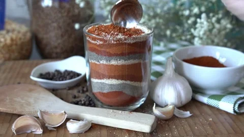 Stir in the spices with a spoon. Close-up of hand with spoon. Stock Footage 293289850
