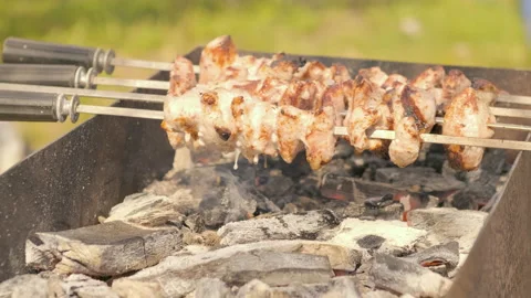 Stiring coals while marinated shashlik preparing on a barbecue grill on picnic Stock Footage 197593264
