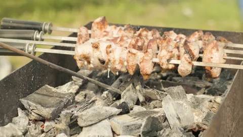 Stiring coals while marinated shashlik preparing on a barbecue grill on picnic Stock Footage 204841578