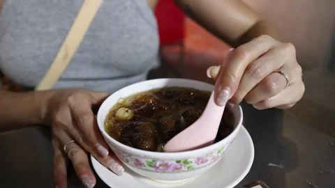 Stirring Assorted Beans in Syrup at Bangkok Street Food Stall Stock Footage 317154323