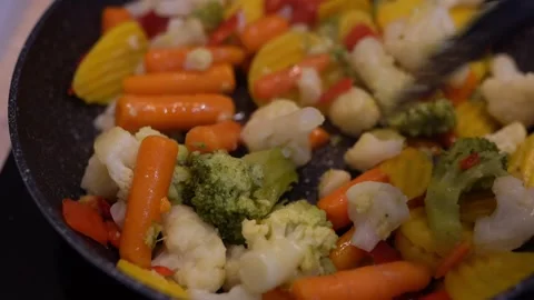 Stirring assorted vegetables being stir-fried in frying a pan Stock Footage 276239694