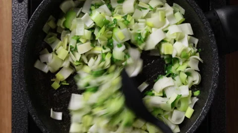 Stirring Chopped Vegetables In Pan Top View Видео 337190242