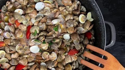 Stirring fresh shell clams and tomatoes with wooden forks in hot pan. italian Stock Footage 277515762