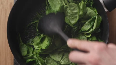 Stirring Fresh Spinach In Pan Top View Vidéo 337190340