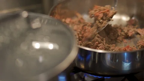 Stirring Ground Beef Stove Close Up Stock Footage 126104087