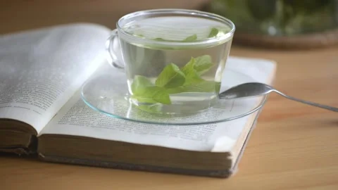 Stirring hot mint tea with teaspoon. Stock Footage 161249668