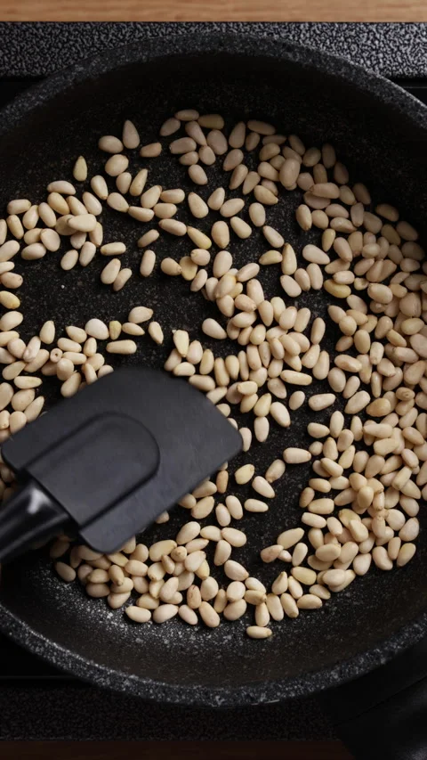 Stirring Pine Nuts In Pan Top View Vertical Stock Footage 337190827
