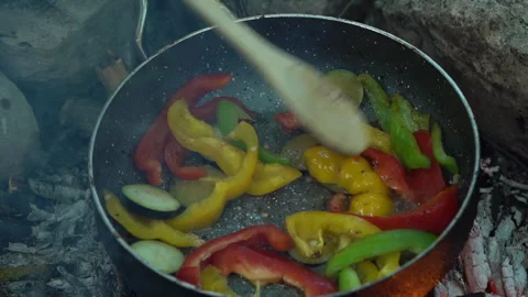 Stirring Vegetables in Pan Over Campfire Video stock 310825524