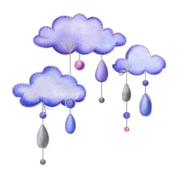 A stitched clouds and raindrops hanging from ropes in blue, purple and pink Stock Illustration