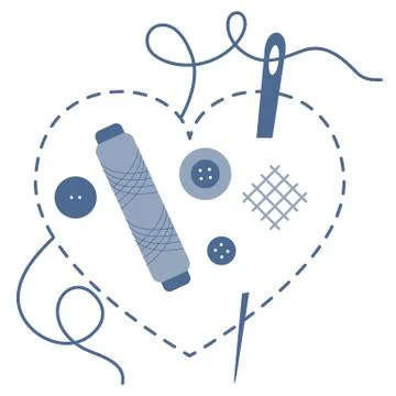Stitched heart, needle, thread, buttons. Sewing Stock Illustration