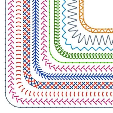 Stitched pattern brushes. Seamless seam borders and sewing dividers vector set Illustrazione stock