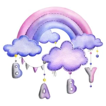 A stitched rainbow with clouds and letters BABY, garland flags, dots hanging 스톡 일러스트