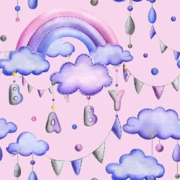 A stitched rainbow with clouds and letters BABY, garland flags, dots hanging Stock Illustration