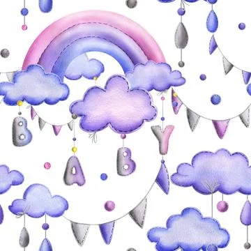 A stitched rainbow with clouds and letters BABY, garland flags, dots hanging Stock Illustration