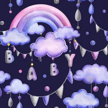A stitched rainbow with clouds and letters BABY, garland flags, dots hanging Stock Illustration