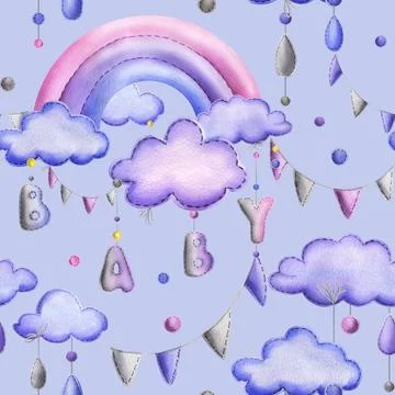 A stitched rainbow with clouds and letters BABY, garland flags, dots hanging Stock Illustration