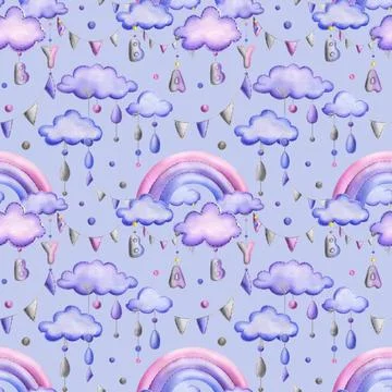A stitched rainbow with clouds and letters BABY, garland flags, dots hanging Stock Illustration