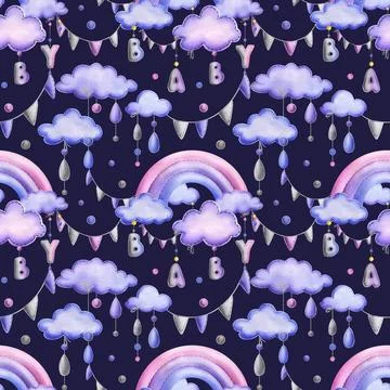 A stitched rainbow with clouds and letters BABY, garland flags, dots hanging Stock Illustration