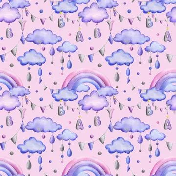 A stitched rainbow with clouds and letters BABY, garland flags, dots hanging Illustrazione stock