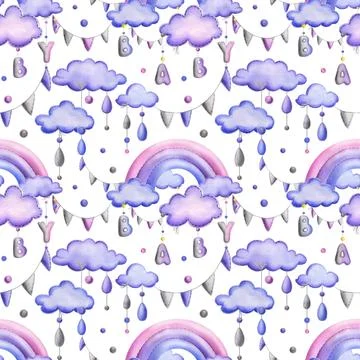 A stitched rainbow with clouds and letters BABY, garland flags, dots hanging Illustrazione stock
