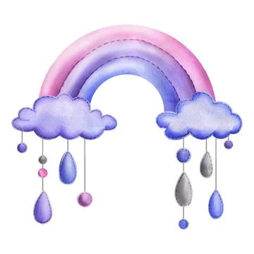A stitched rainbow with clouds and raindrops hanging from ropes in blue, purple Stock Illustration