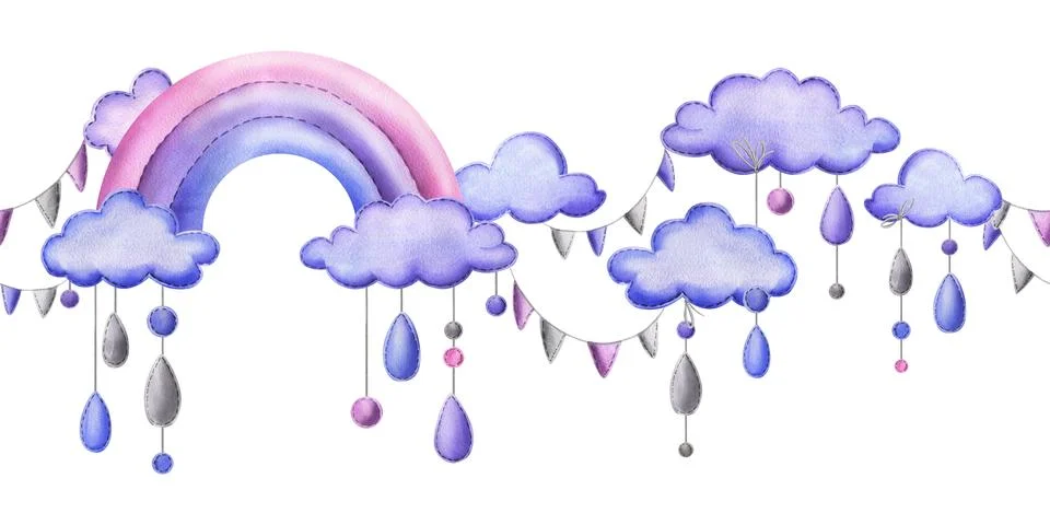 A stitched rainbow with clouds and raindrops hanging from ropes in blue, purple Stock Illustration