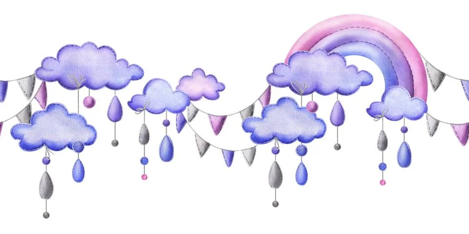 A stitched rainbow with clouds and raindrops hanging from ropes in blue, purple Stock Illustration