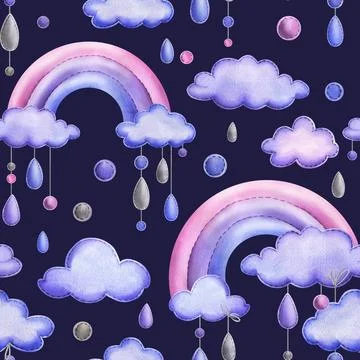 A stitched rainbow with clouds and raindrops hanging from ropes in blue, purple Stock Illustration