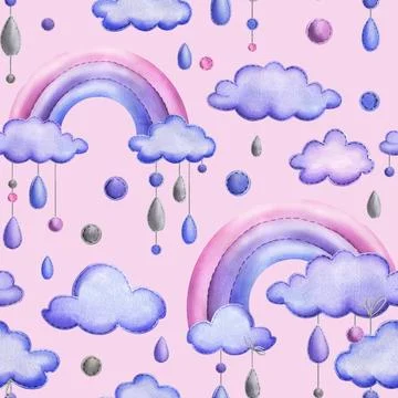 A stitched rainbow with clouds and raindrops hanging from ropes in blue, purple Stock Illustration