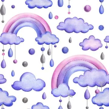 A stitched rainbow with clouds and raindrops hanging from ropes in blue, purple Stock Illustration