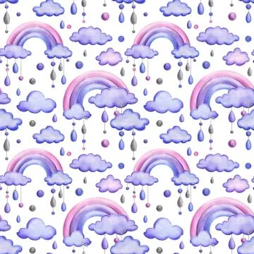 A stitched rainbow with clouds and raindrops hanging from ropes in blue, purple Stock Illustration