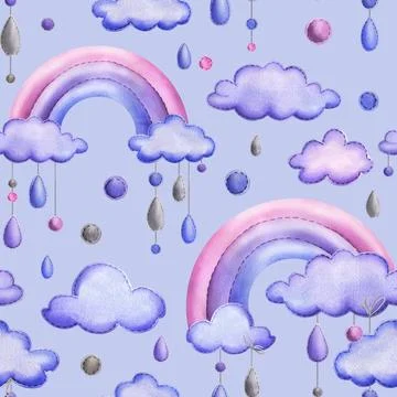 A stitched rainbow with clouds and raindrops hanging from ropes in blue, purple Stock Illustration