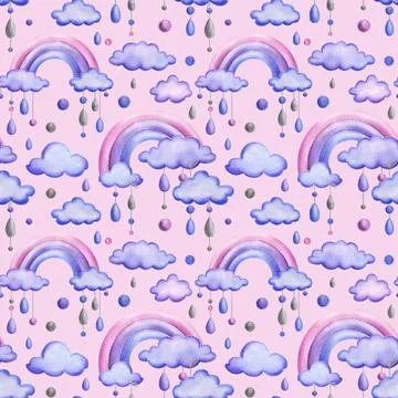 A stitched rainbow with clouds and raindrops hanging from ropes in blue, purple Stock Illustration