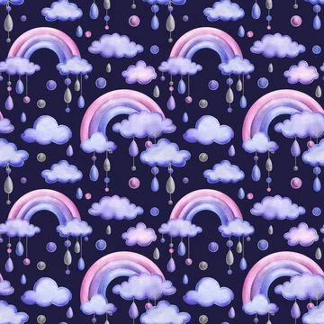 A stitched rainbow with clouds and raindrops hanging from ropes in blue, purple Stock Illustration