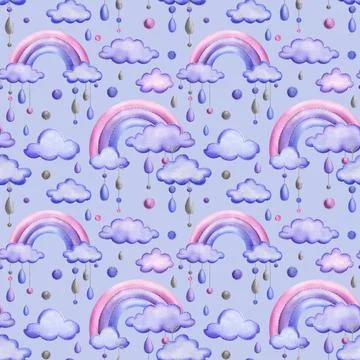 A stitched rainbow with clouds and raindrops hanging from ropes in blue, purple Illustrazione stock
