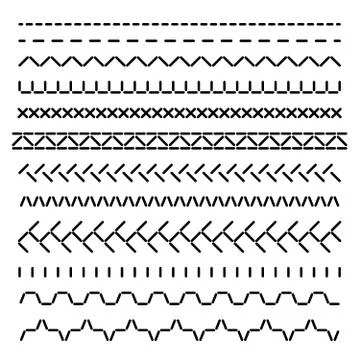 Stitched seamless borders, sewing machine seams for fabric structure vector set Stock Illustration