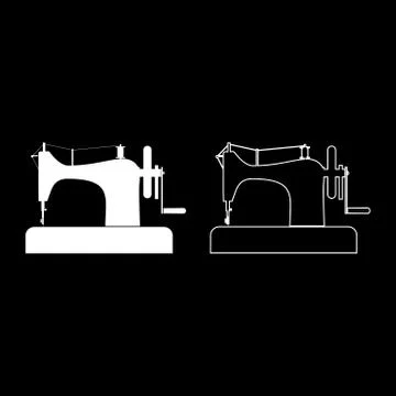 Stitching machine Sewing machine Tailor equipment vintage icon outline set wh Stock Illustration