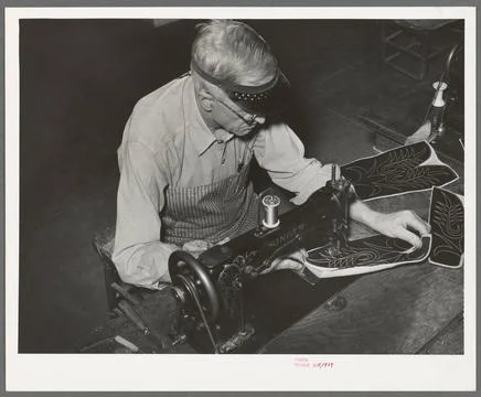Stitching pattern on uppers of boots. Boot shop, Alpine, Texas 1939. still... Stock Photos