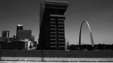 STL St. Louis Missouri Gateway Arch Black and White Driving 4K Stock Footage