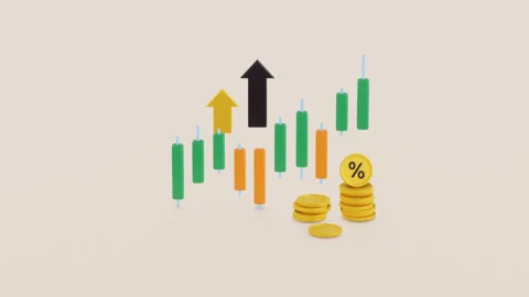 Stock candlestick graph and stack of coins animation. 3d render. Stock Footage 245913820