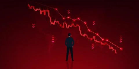 Stock chart is falling, with a map of the world behind it, and a businessma.. Stockillustratie