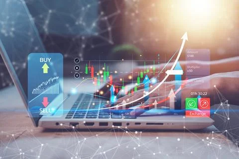 Stock chart or cryptocurrency chart with businessman hand typing notebook (.. Stock Photos