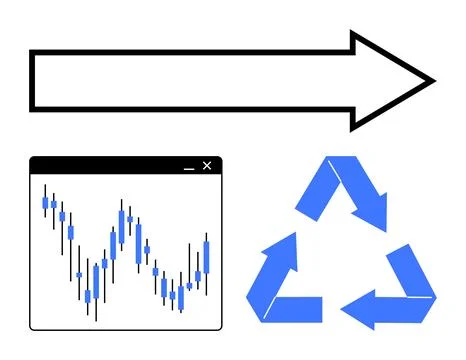 Stock chart window with fluctuating data, recycling symbol made of blue arrow Illustrazione stock