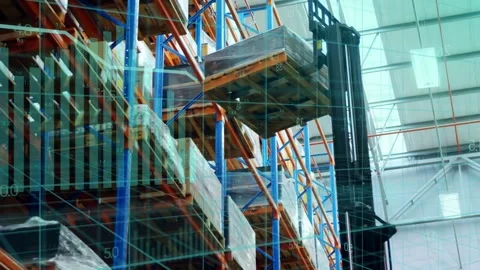 Stock command sending mast up, wrapped pallet rising to top shelf for shelving, Stock Footage 334321892