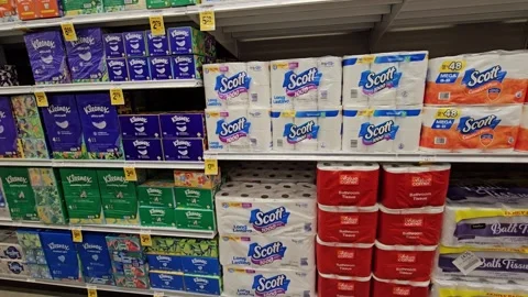 Stock Up on Essentials: Local Grocery Store Toilet Paper Aisle Stock Footage 264620046