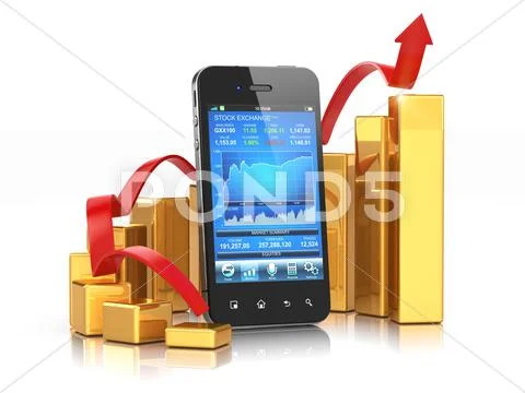 Stock exchange application on mobile and graph. Stock Illustration