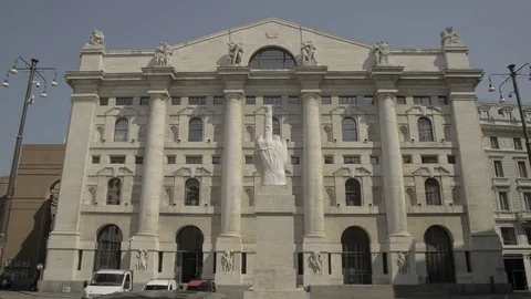 Stock exchange building in Piazza Afari. Borsa Italiana S.p.A., based in Milan. Stock Footage 80269834