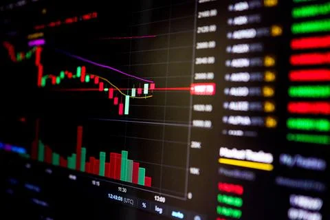 Stock exchange, cryptocurrency price chart on a screen. Candlestick chart, bt Stock Photos