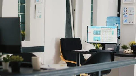 Stock exchange data collected in empty financial department office Stock Photos